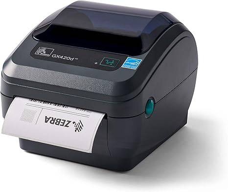 Zebra GX420d direct thermal desktop printer with 4-inch print width, USB, serial, and parallel port connections.