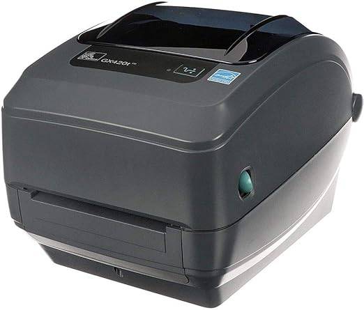 Zebra GX420t thermal transfer desktop printer with 4-inch print width, USB, serial, and parallel port connectivity.