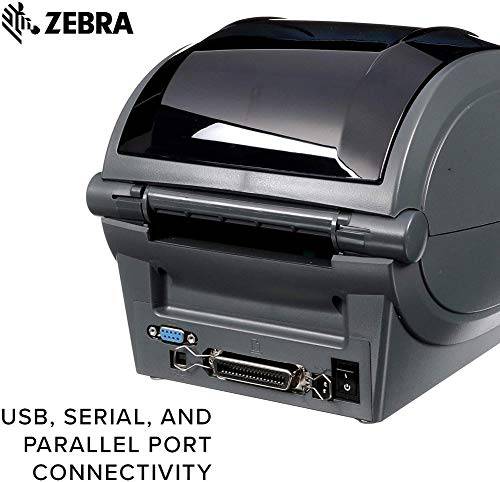 Zebra GX420t thermal transfer desktop printer with 4-inch print width, USB, serial, and parallel port connectivity.