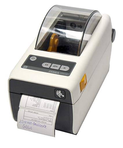 Zebra ZD410 healthcare desktop thermal printer with 2-inch print width, USB, Ethernet, Bluetooth, and EZPL language.
