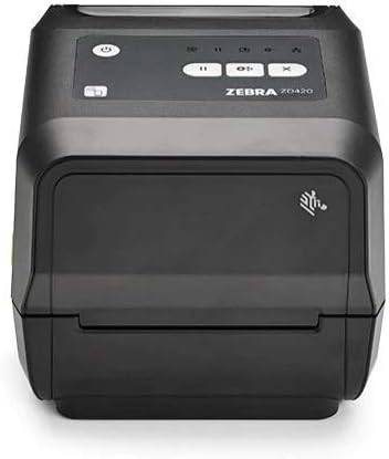 Zebra ZD420 thermal transfer label printer by Beaver Computer, showing front view with paper feed and control panel.