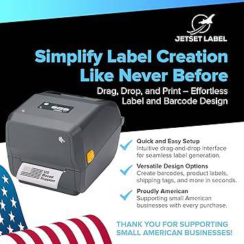 Zebra ZD421 thermal transfer desktop printer with 4-inch print width, USB and Ethernet ports, featuring Jetset software.