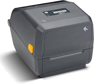 Zebra ZD421 thermal transfer desktop printer with 4-inch print width, 203 dpi, USB connection, shown in a workspace setting.