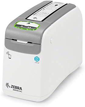 Zebra ZD510-HC mono wristband barcode printer with USB, LAN, and Bluetooth, 300dpi direct thermal printing.