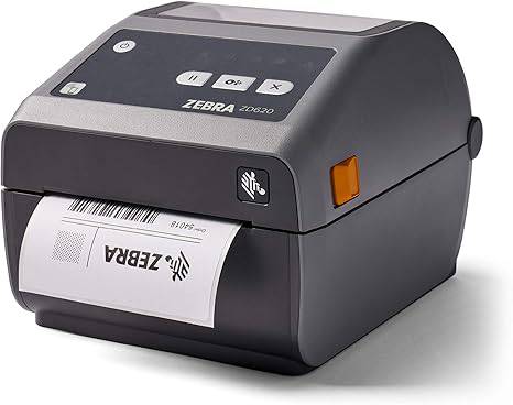 Zebra ZD620d direct thermal desktop printer with 4-inch print width, WiFi, Bluetooth, Ethernet, serial, and USB ports.