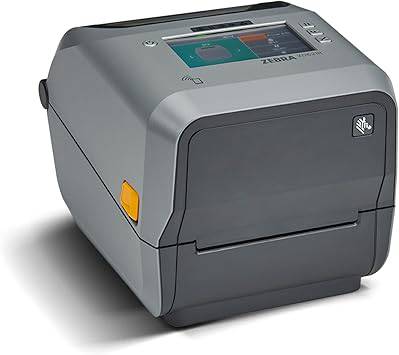Zebra ZD621 desktop thermal printer with color touch LCD, 4-inch print width, USB, serial, Ethernet, and 802.11ac connectivity.