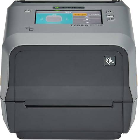 Zebra ZD621 thermal transfer desktop printer with 4-inch width, USB, Ethernet, serial ports, and built-in peeler.
