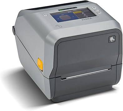 Zebra ZD621 thermal transfer desktop printer with color touch LCD, 203 dpi resolution, 4-inch print width, USB, serial, Ethernet ports.
