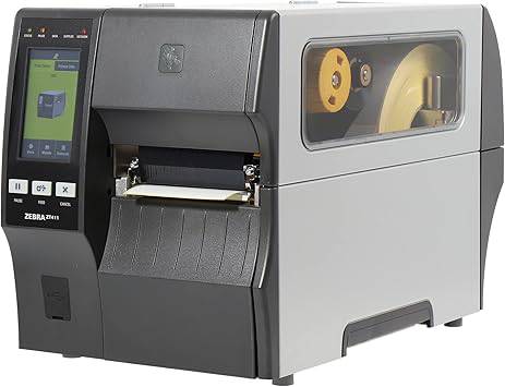 Zebra ZT411 203x203 DPI wired and wireless thermal transfer POS printer on a countertop with printing output visible.