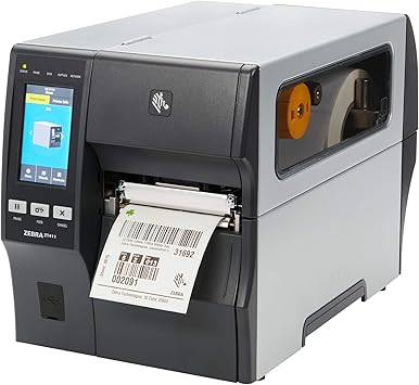 Zebra ZT411 thermal label printer by Beaver Computer showing the black and gray industrial design with paper label output