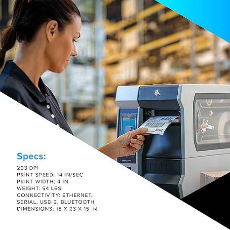 ZEBRA ZT411 Thermal Transfer Industrial Printer 203 dpi Print Width 4 in Features Serial, USB, Ethernet, and Bluetooth Connecting Options Peeler with Full Rewind ZT41142-T410000Z