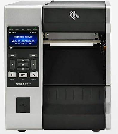 Zebra ZT610 industrial printer by Beaver Computer, showing the black and gray industrial printer with control panel and paper roll