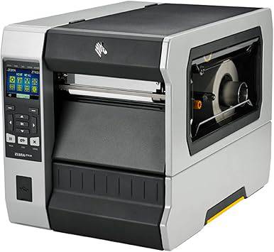 Zebra ZT620 monochrome barcode label printer by Beaver Computer showing the front view with control panel and paper outlet.