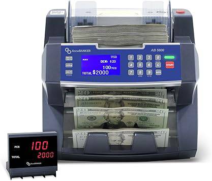 AccuBank AB5800 cash counter counting USD and Euro bills at 1,800 BPM, with digital display and compact design.