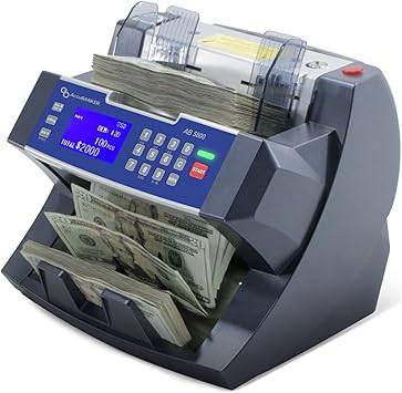 AccuBank AB5800 cash counter counting USD and Euro bills at 1,800 BPM, with digital display and compact design.
