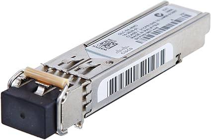 Cisco SFP 550M SX LC transceiver module for fiber optic network connections, shown with LC connector and label.
