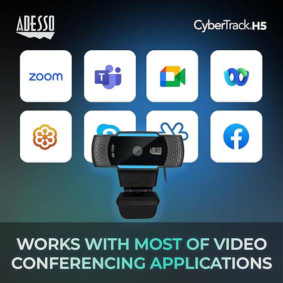 Adesso CyberTrack H5-TAA 1080P HD webcam with autofocus, dual microphones, tripod mount, privacy shutter, TAA compliant.