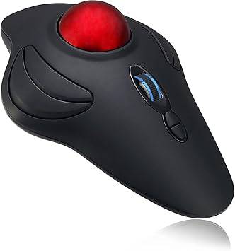 Adesso iMouse T40 wireless desktop trackball with four buttons and 2.4 GHz connectivity, shown on a computer desk setup.