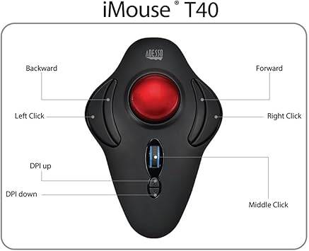 Adesso iMouse T40 wireless desktop trackball with four buttons and 2.4 GHz connectivity, shown on a computer desk setup.