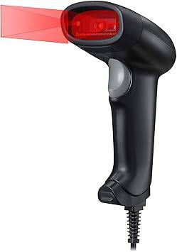 Wired Adesso NuScan 2600U barcode scanner with handheld design, used in warehouse, library, and supermarket environments.