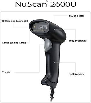 Adesso NuScan 2600U 1D 2D Wired Barcode Scanner with Handheld Bar Code Reader Plug and Play, for Warehouse, Library, Supermarket