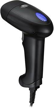 Wired Adesso NuScan 2600U barcode scanner with handheld design, used in warehouse, library, and supermarket environments.