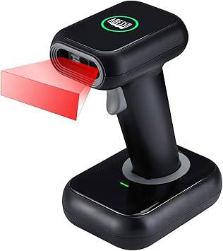 Wireless Adesso NuScan 2700R barcode scanner with charging cradle, spill-resistant design, 150ft range for warehouse, retail, healthcare.
