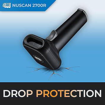 Wireless Adesso NuScan 2700R barcode scanner with charging cradle, spill-resistant design, 150ft range for warehouse, retail, healthcare.