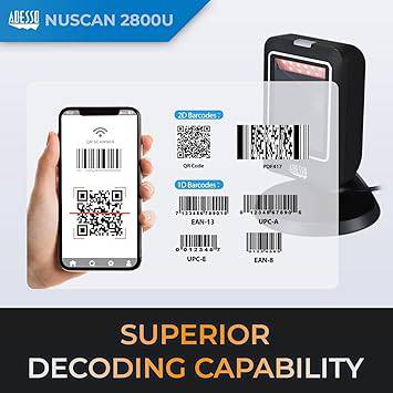 Adesso NuScan 2800U 1D 2D Wired Hands-Free Barcode Scanner Desktop Bar Code Reader Automatic Omnidirectional USB Plug and Play, for Warehouse, Library, Supermarket