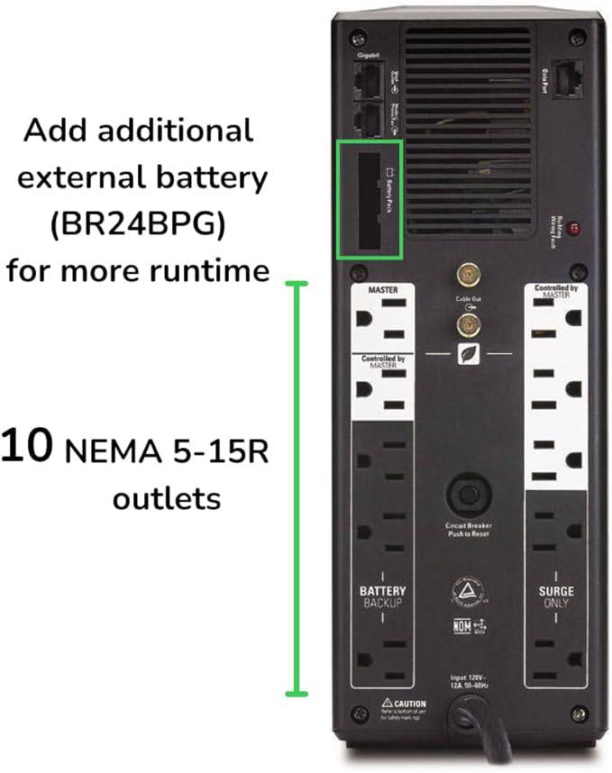 APC UPS 1500VA Battery Backup Surge Protector, BR1500G Backup Battery Power Supply with AVR