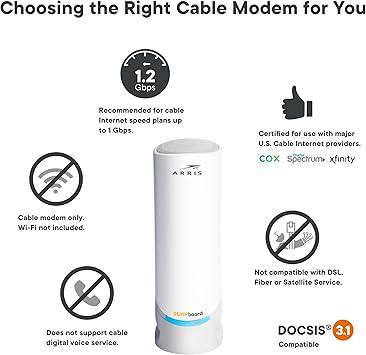 ARRIS (S33) - Cable Modem - Fast DOCSIS 3.1 Multi-Gigabit WiFi for Comcast Xfinity, Cox, Spectrum & More 1 & 2.5 Gbps Ports 2.5 Gbps Max Internet Speeds 4 OFDM Channels 2 Year Warranty