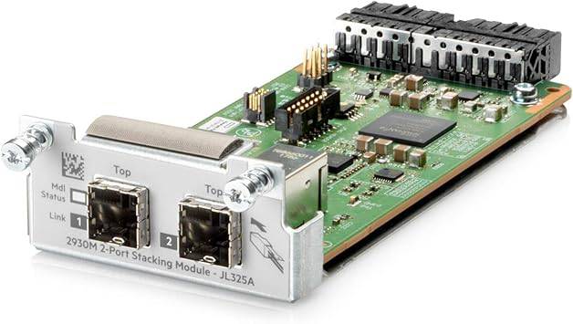 Aruba 2930 2-Port Stacking Module for network switches, shown in a close-up image with ports and connectors visible.