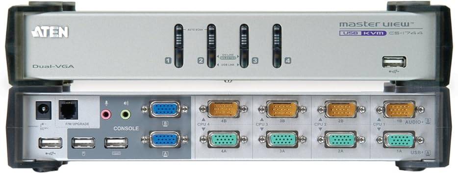 Aten Technologies 4-port dual-view KVMP switch with CS1744, showing front panel with multiple ports and control buttons.