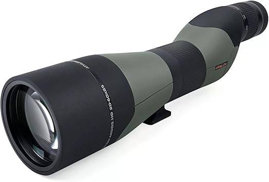 Athlon Optics 20-60X85 straight spotting scope showing zoom eyepiece and sturdy tripod for birdwatching or nature observation