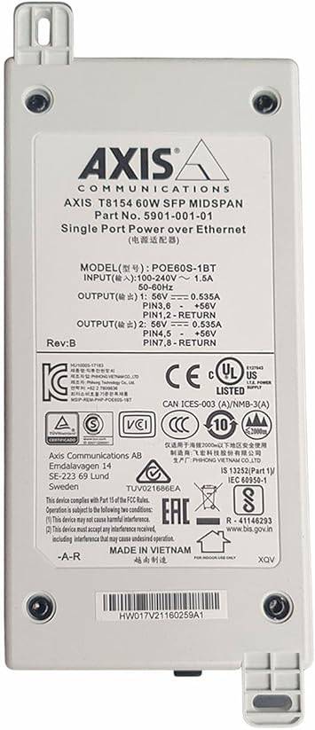 Axis Communications 5901-004 T8154 60W SFP Midspan Media Converter for network signal conversion and power over Ethernet.