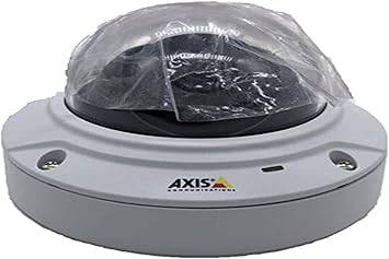 AXIS M3065-V network camera with outdoor housing and pan-tilt-zoom features, mounted on a building for surveillance.