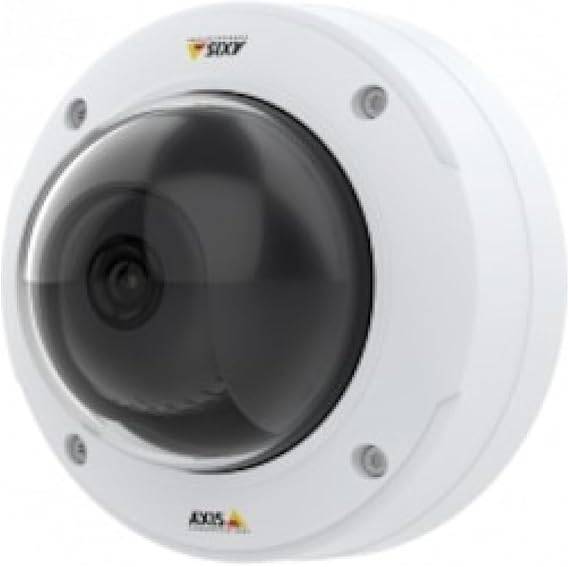 Outdoor Axis P3245-VE IP security camera dome mounted on wall, 1080p resolution, PTZ, RGB CMOS sensor, with RJ-45 and microphone.