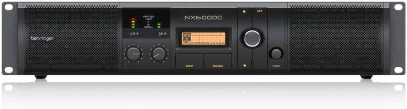Behringer NX6000D power amplifier with DSP, showcasing front panel controls and logo, used for professional audio amplification.