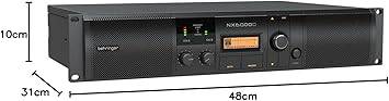 Behringer NX6000D power amplifier with DSP, showcasing front panel controls and logo, used for professional audio amplification.