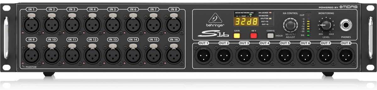 Behringer S16 Digital Snake audio interface with multiple input and output channels for professional sound mixing.