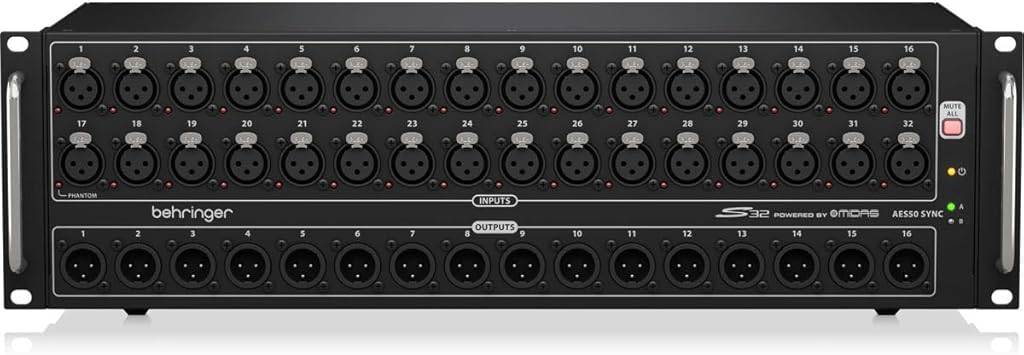 Behringer S32 32-channel stage box with multiple input and output connectors for professional audio setups