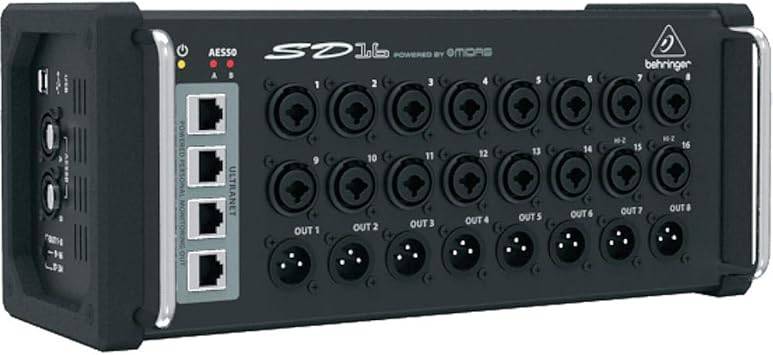 Behringer SD16 I/O stage box with 16 remote-controllable Midas preamps, featuring input and output ports for live sound setup.