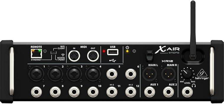 Behringer X AIR XR12 digital mixer with control knobs, touchscreen display, and multiple input channels for professional audio mixing