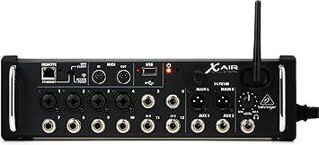 Behringer X Air XR12 tablet-controlled digital mixer with touchscreen interface and control knobs, used for live sound and recording.
