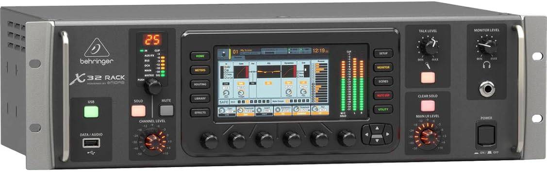 Behringer X32 Rack digital mixer with 40 input channels and 25 buses, featuring a compact rack-mount design and control interface.