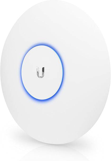 Biquiti UniFi UAP-AC-Pro wireless access point with dual-band 2.4 GHz and 5 GHz antennas, showing the device's front view.