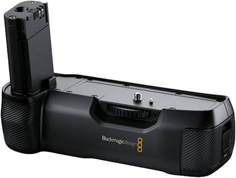 Blackmagic Design battery grip for Pocket Cinema Camera 4K, shown attached with battery compartment and camera controls.