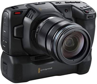 Blackmagic Design battery grip for Pocket Cinema Camera 4K, shown attached with battery compartment and camera controls.