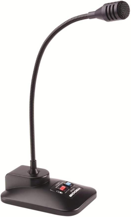 Bogen BG-DDU250 dynamic cardioid microphone on a desk, suitable for broadcasting and recording applications