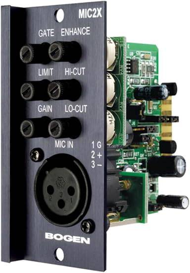 Bogen MIC2X XLR input microphone module with input and output ports, used for professional audio equipment setup